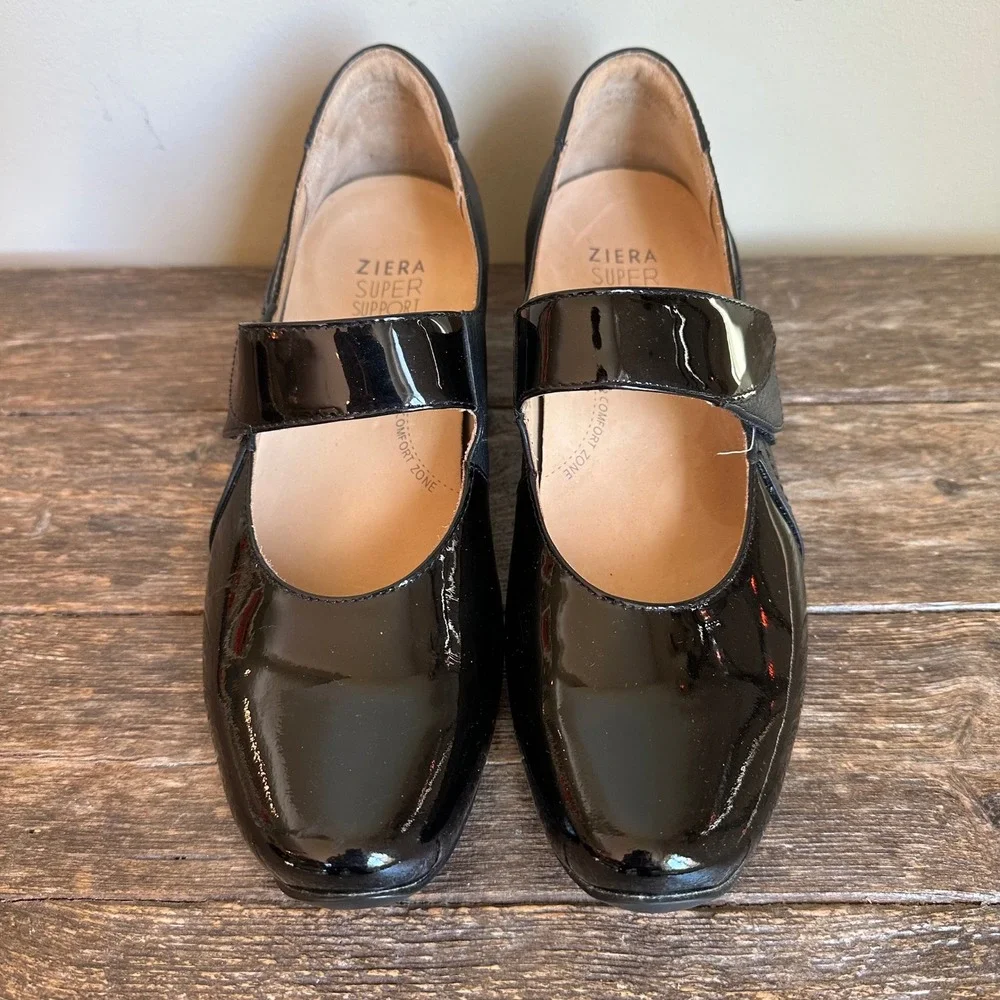 Ziera Cassidy Black Leather Patent Mary Jane Comfort Wedge Shoes -‎ Size 38